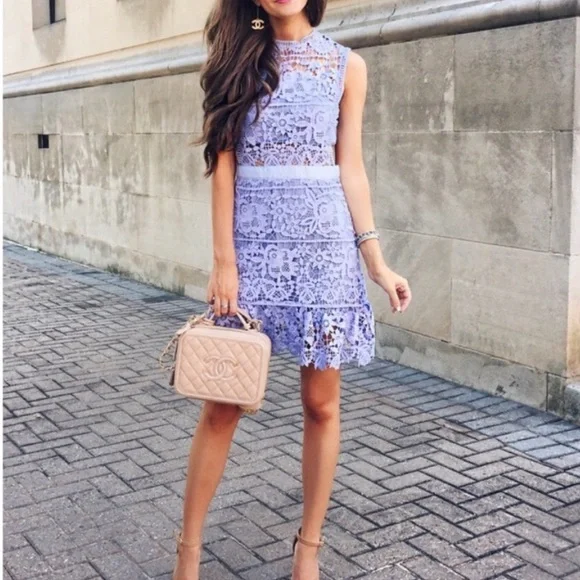 Self portrait periwinkle blue lace cutout dress with grey lining size 2 - Picture 3 of 14